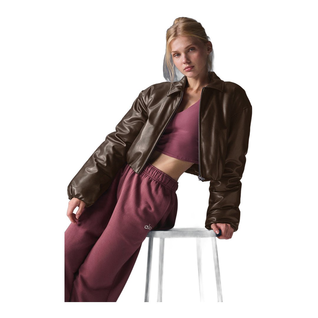 alo Faux Leather Cropped Premier Bomber - Espresso