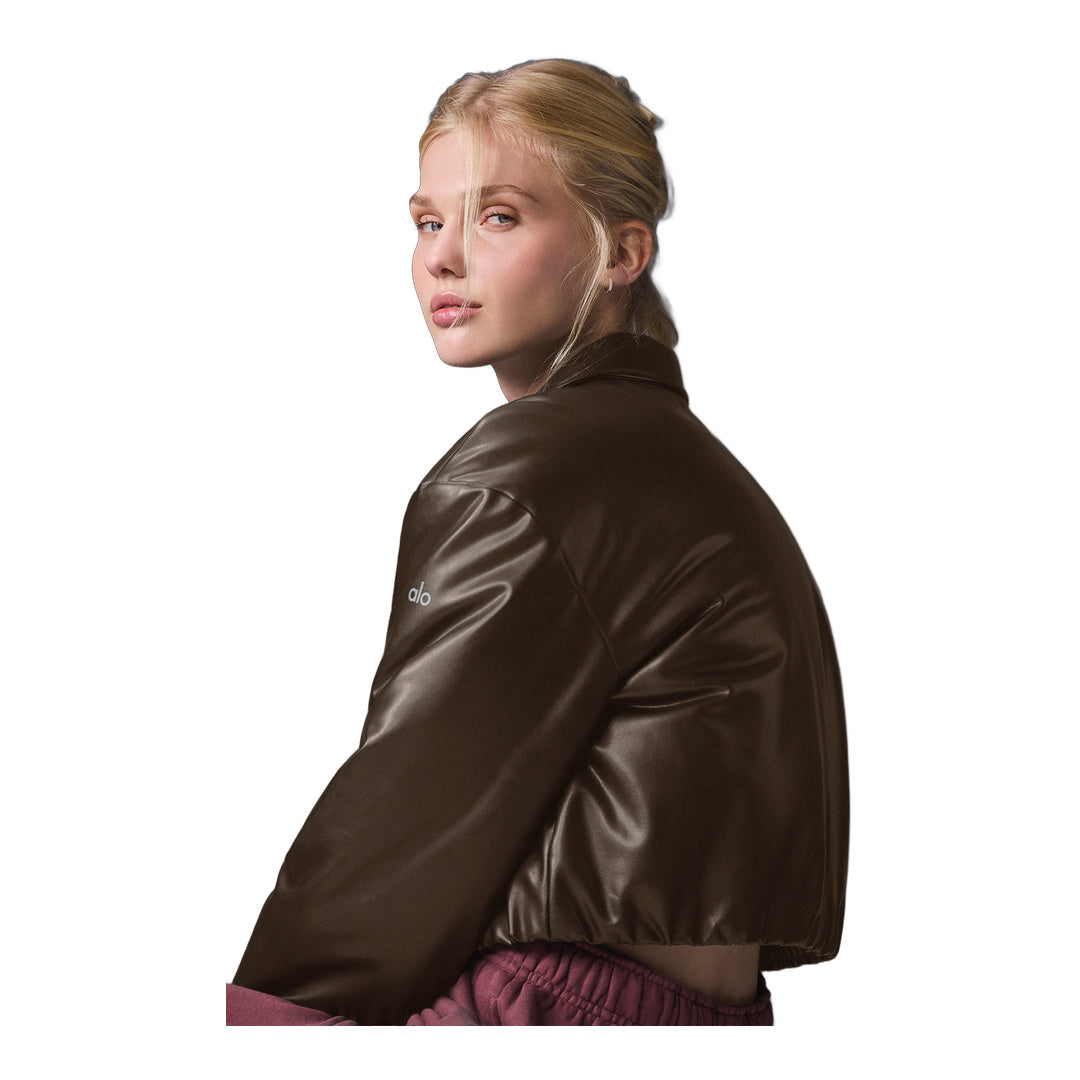alo Faux Leather Cropped Premier Bomber - Espresso