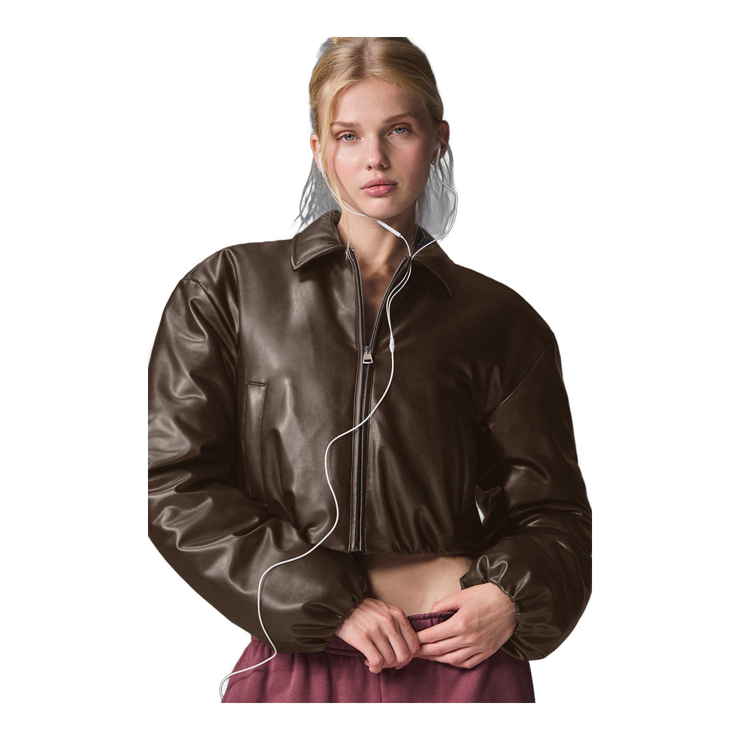 alo Faux Leather Cropped Premier Bomber - Espresso
