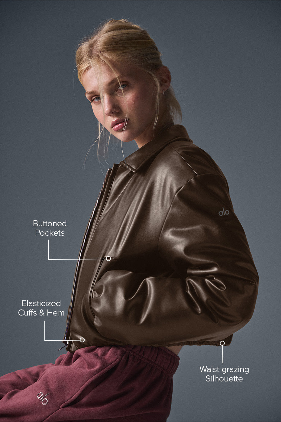 alo Faux Leather Cropped Premier Bomber - Espresso