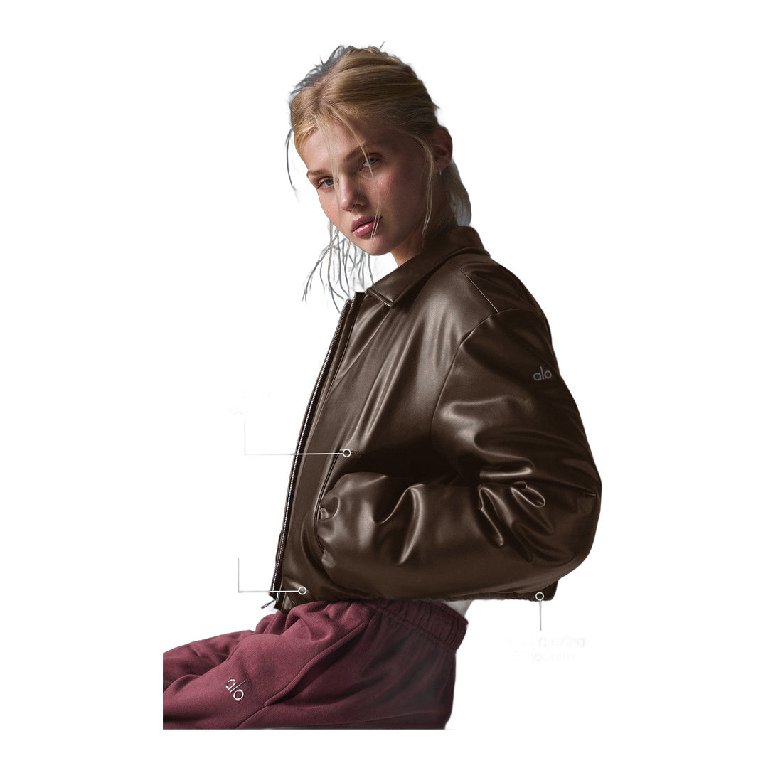 alo Faux Leather Cropped Premier Bomber - Espresso