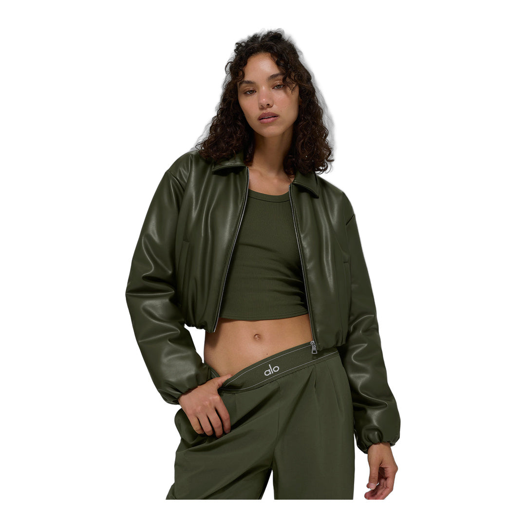 alo Faux Leather Cropped Premier Bomber - Green Olive