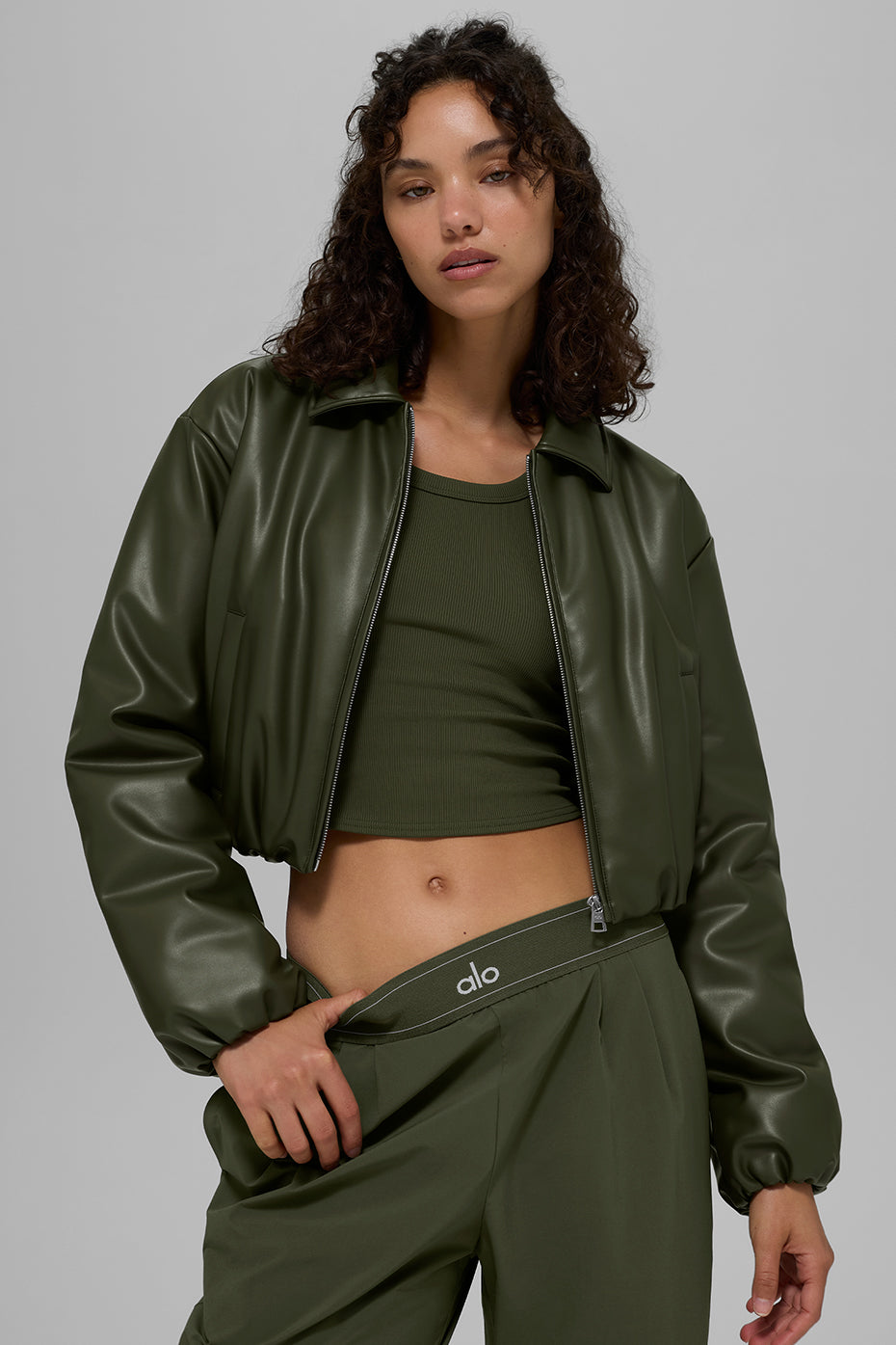 alo Faux Leather Cropped Premier Bomber - Green Olive