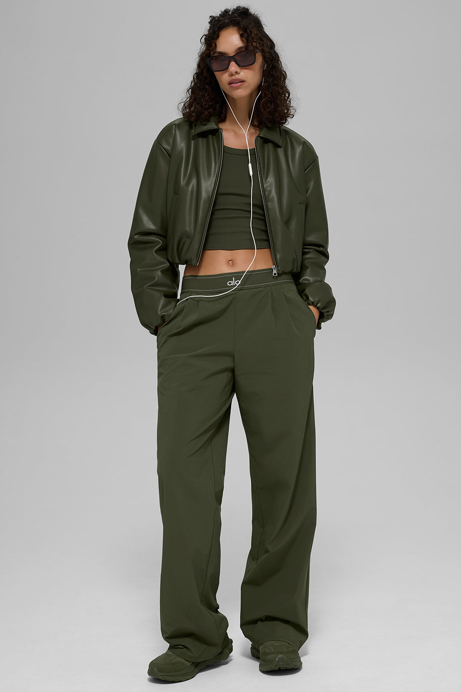 alo Faux Leather Cropped Premier Bomber - Green Olive