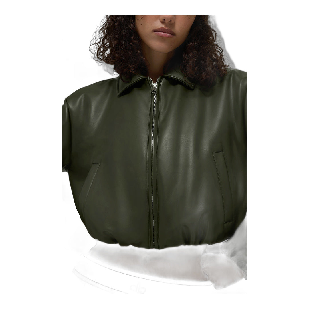 alo Faux Leather Cropped Premier Bomber - Green Olive
