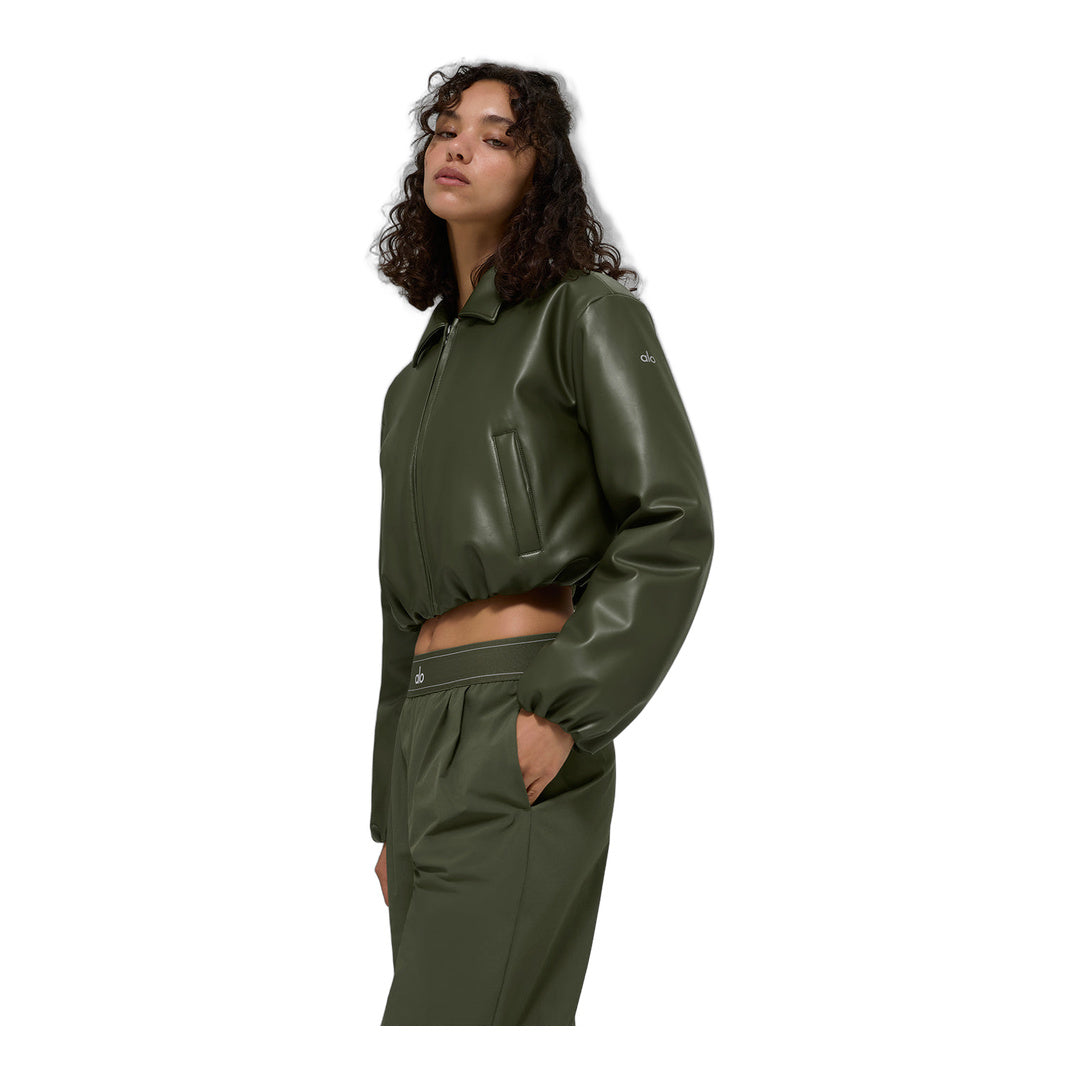 alo Faux Leather Cropped Premier Bomber - Green Olive