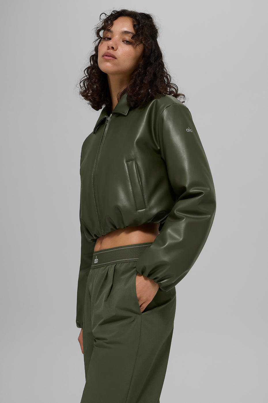 alo Faux Leather Cropped Premier Bomber - Green Olive