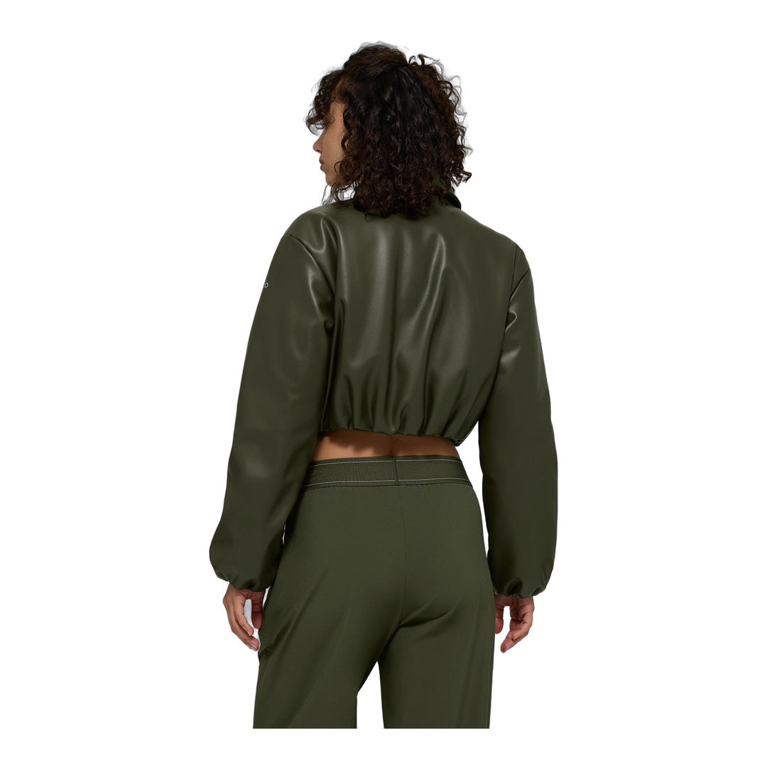 alo Faux Leather Cropped Premier Bomber - Green Olive