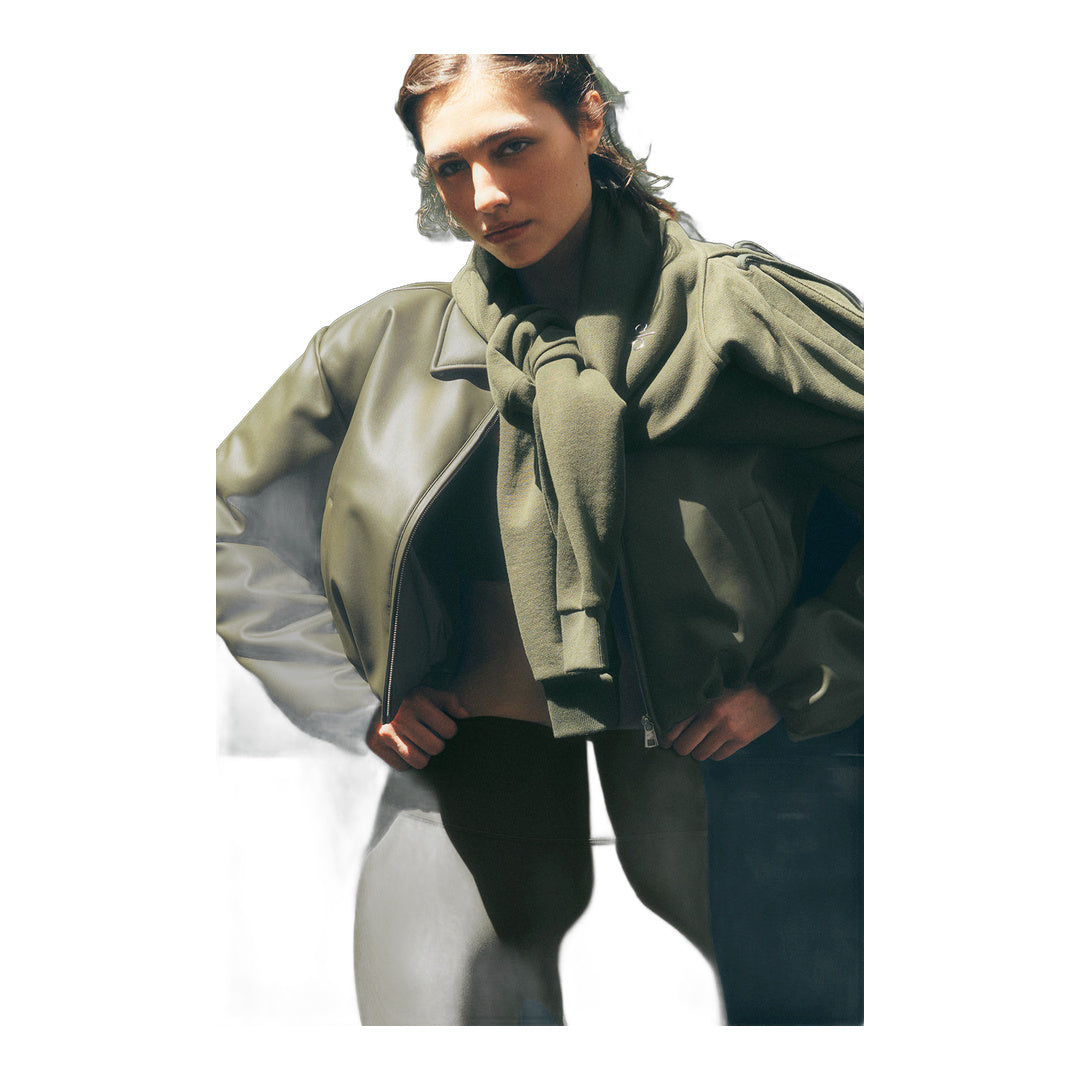 alo Faux Leather Cropped Premier Bomber - Green Olive