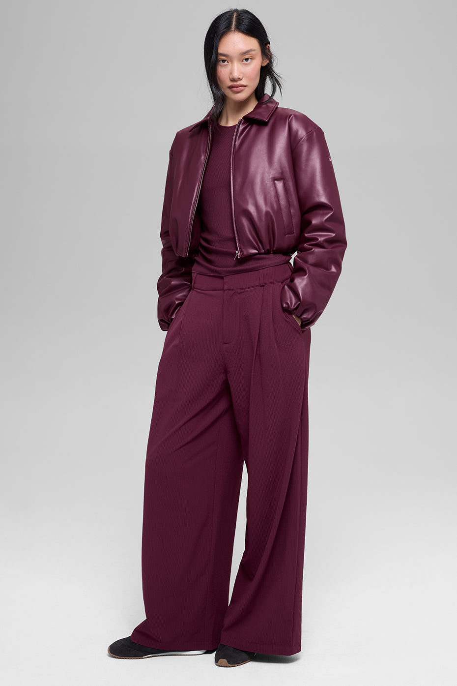 alo Faux Leather Cropped Premier Bomber - Burgundy