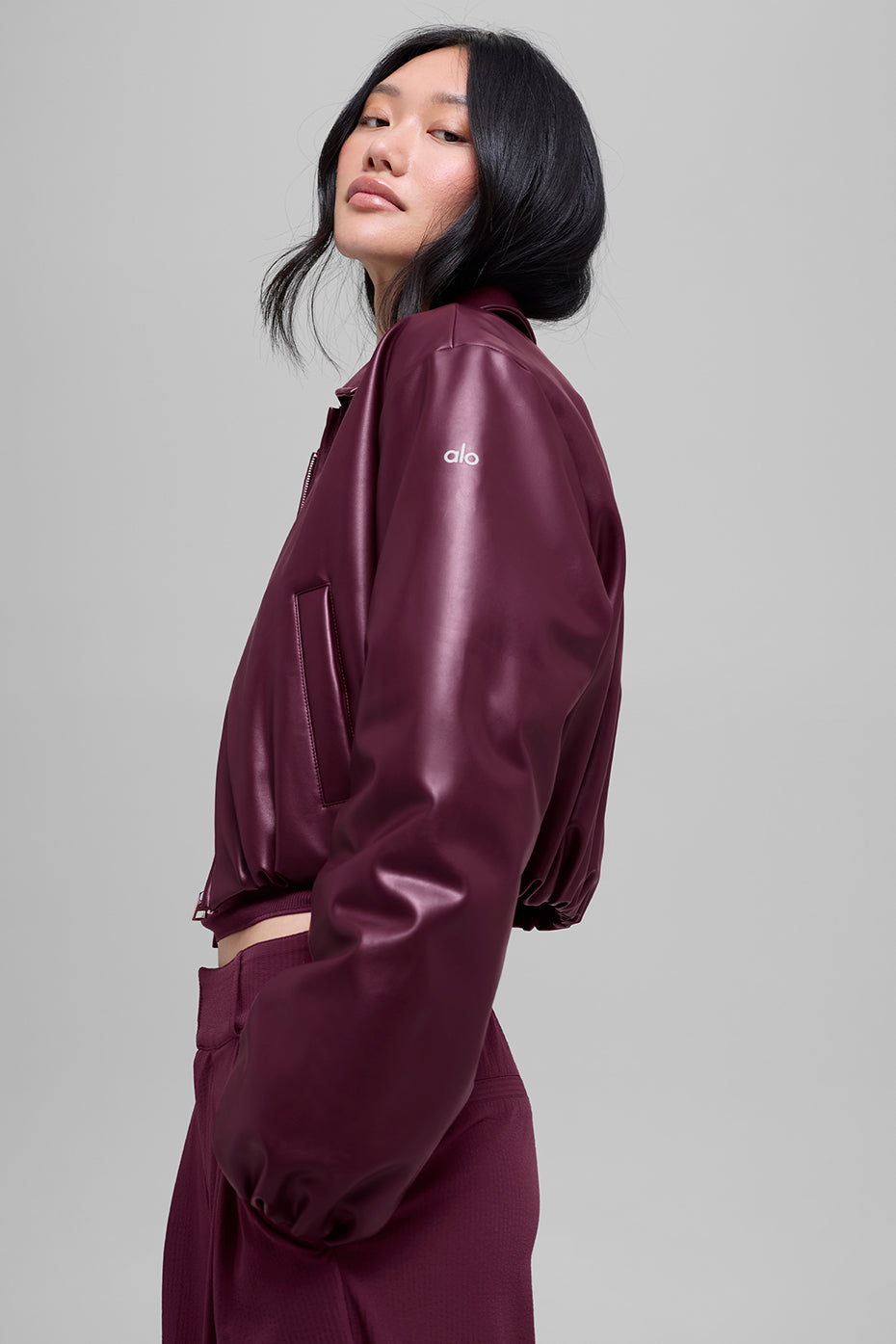 alo Faux Leather Cropped Premier Bomber - Burgundy