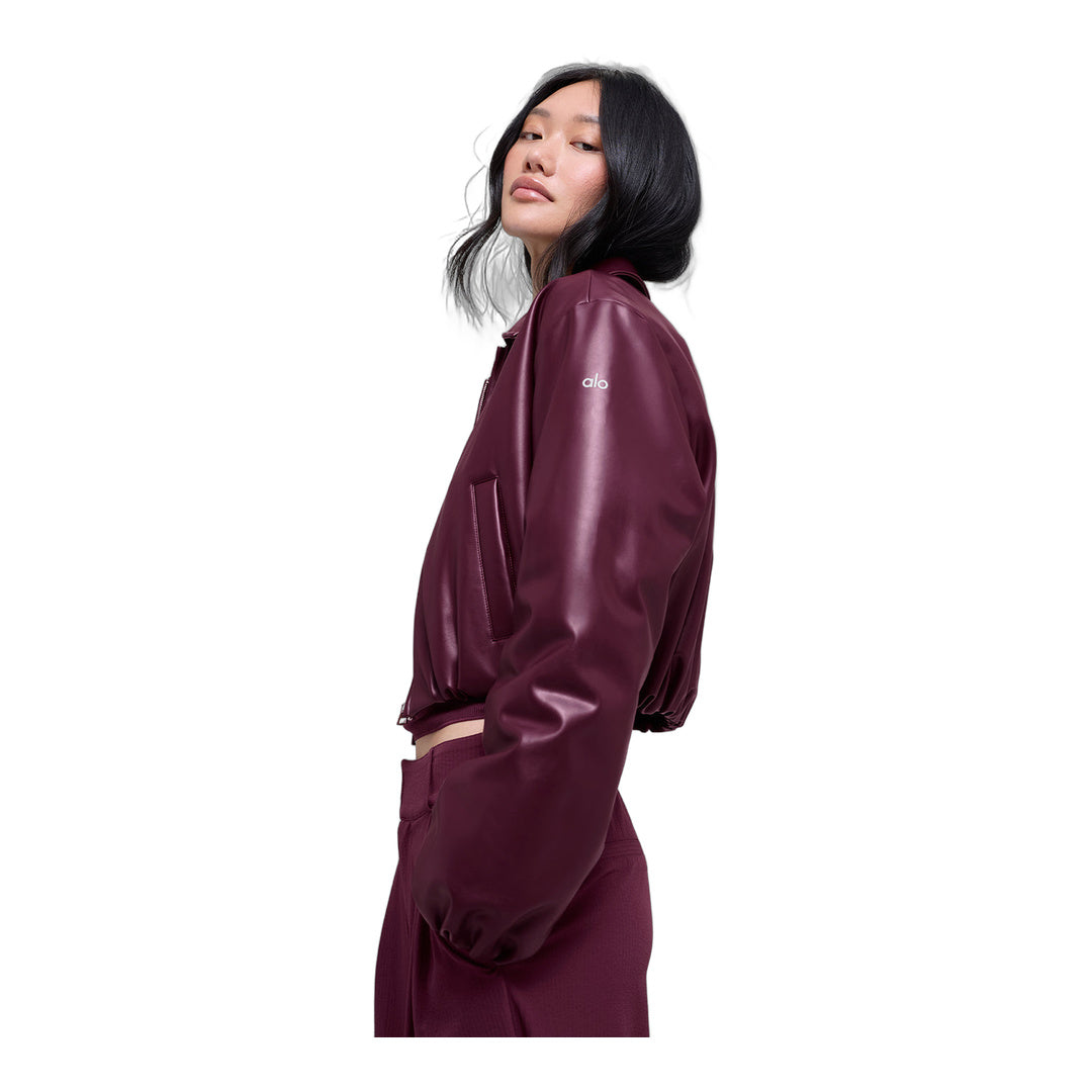 alo Faux Leather Cropped Premier Bomber - Burgundy