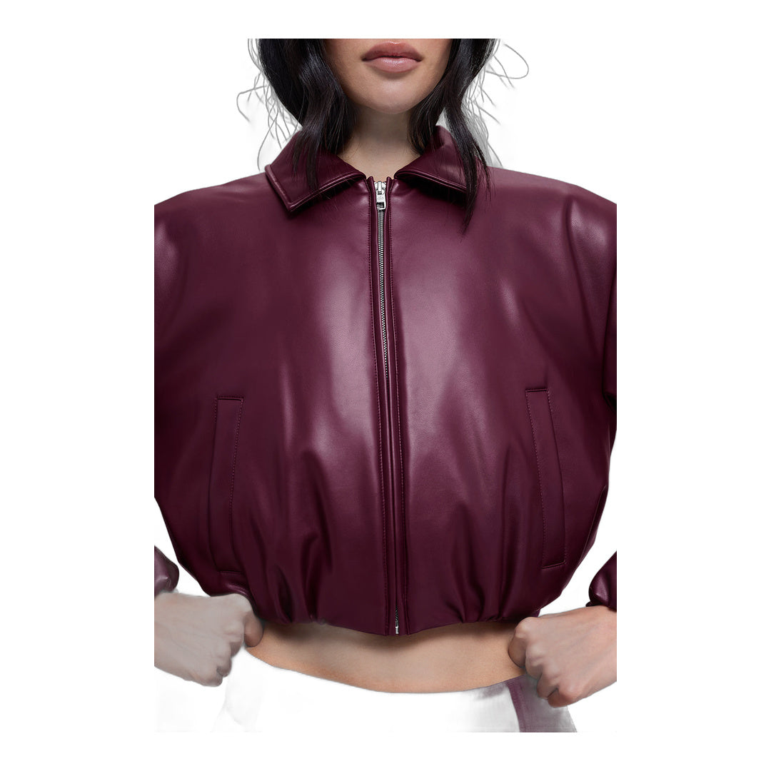 alo Faux Leather Cropped Premier Bomber - Burgundy