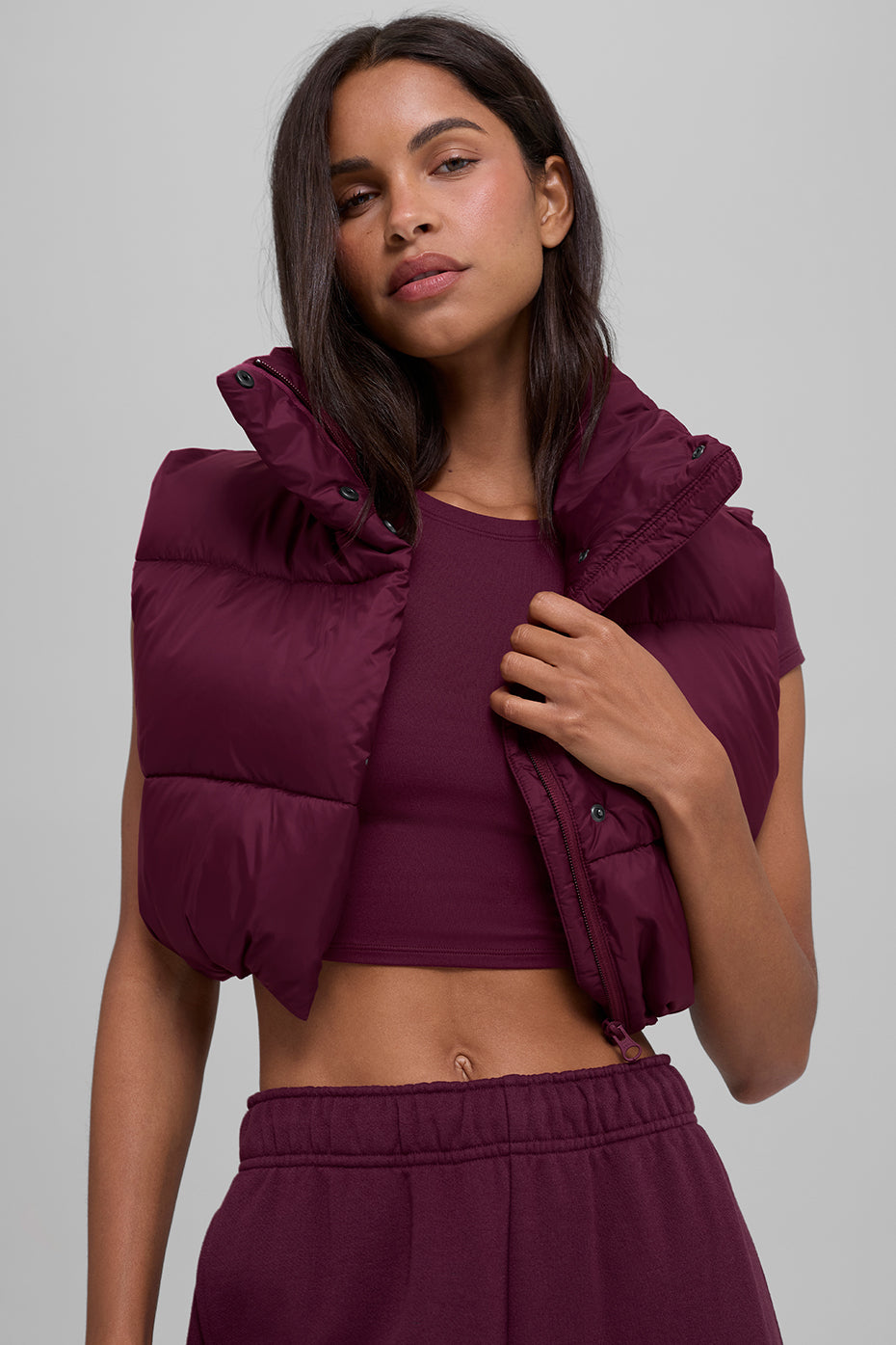 alo Cropped Gold Rush Puffer Vest - Burgundy