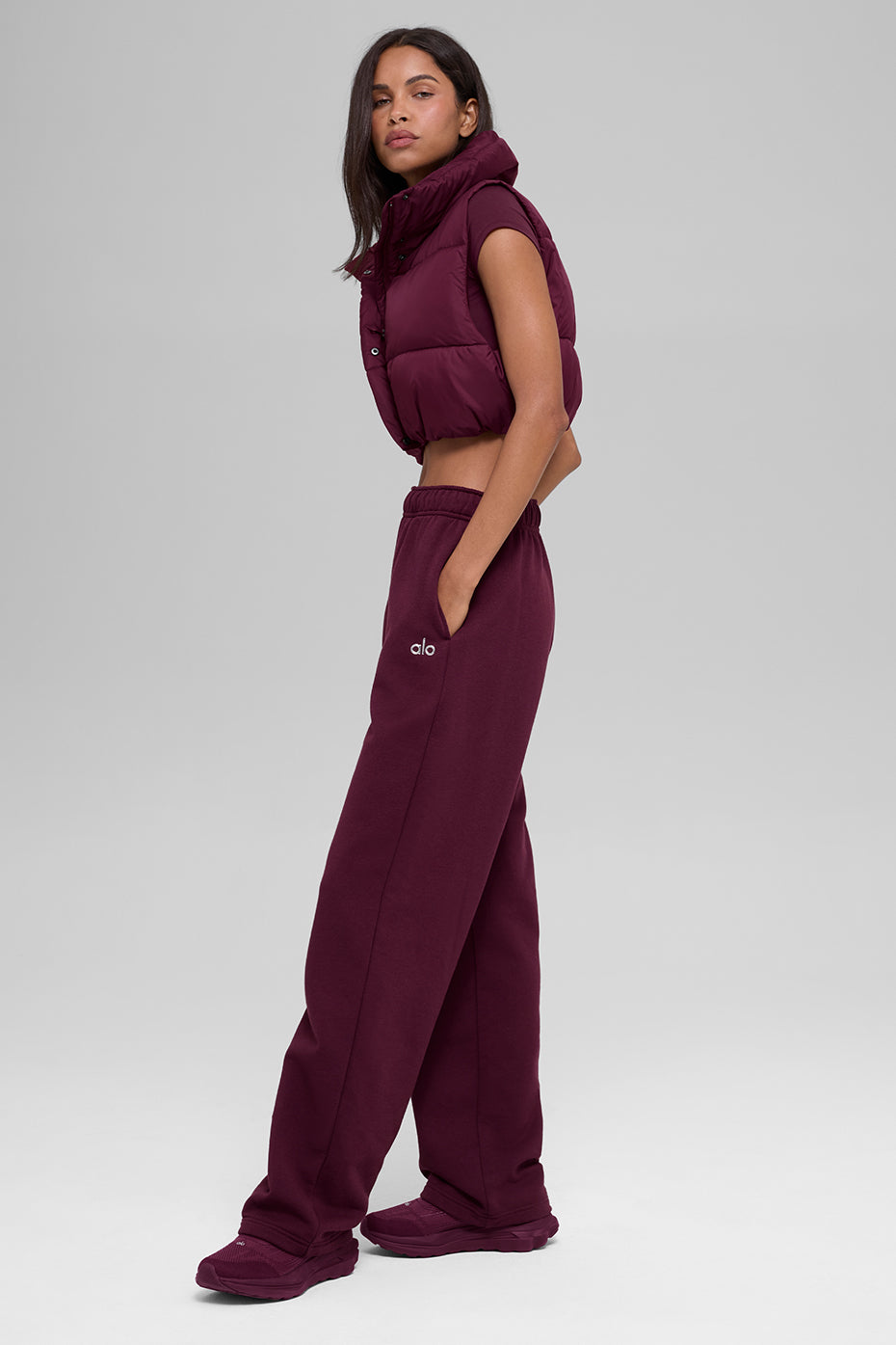alo Cropped Gold Rush Puffer Vest - Burgundy
