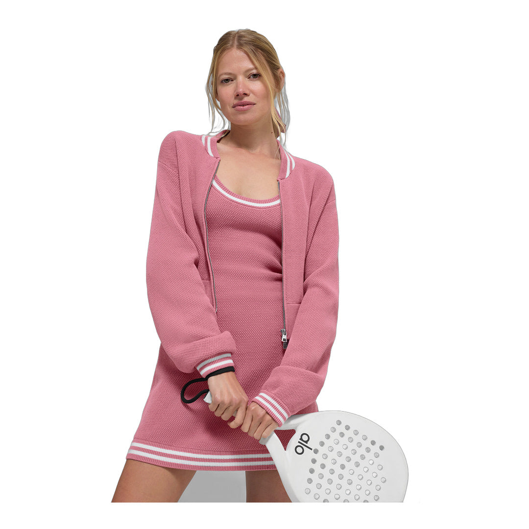alo Tennis Club Sweater Knit Full Zip Jacket - Pink Wild Rose/White