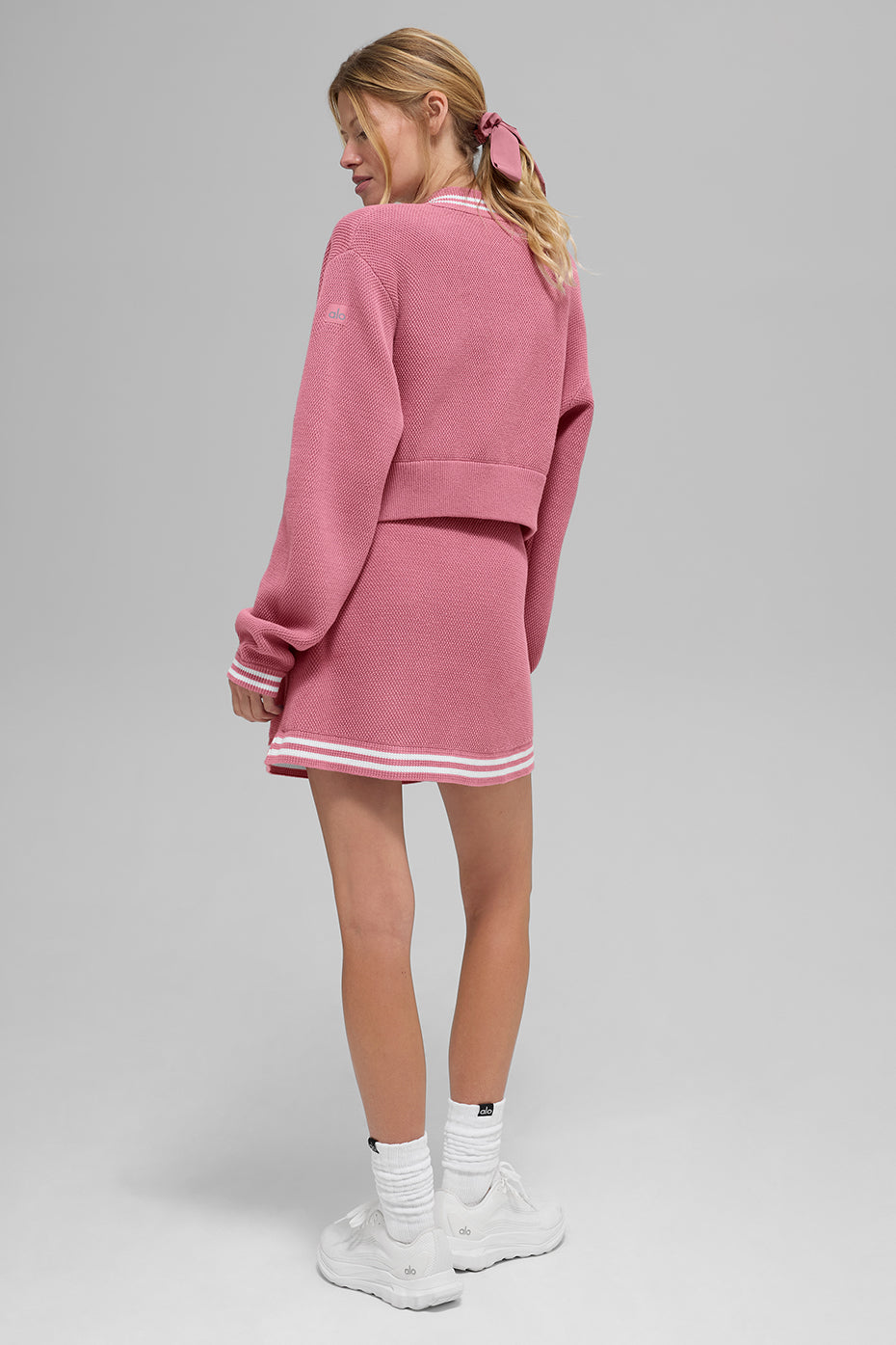 alo Tennis Club Sweater Knit Full Zip Jacket - Pink Wild Rose/White