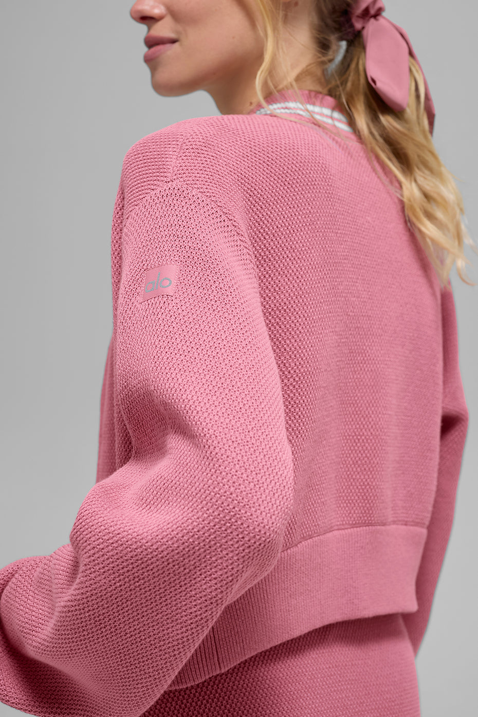 alo Tennis Club Sweater Knit Full Zip Jacket - Pink Wild Rose/White