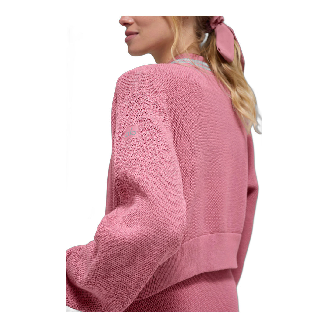 alo Tennis Club Sweater Knit Full Zip Jacket - Pink Wild Rose/White