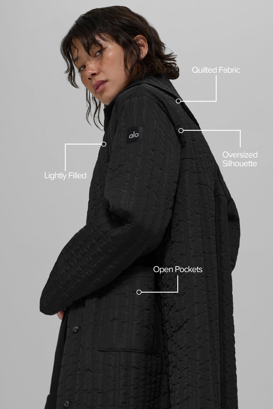 alo Quilted Skyline Long Coat - Black