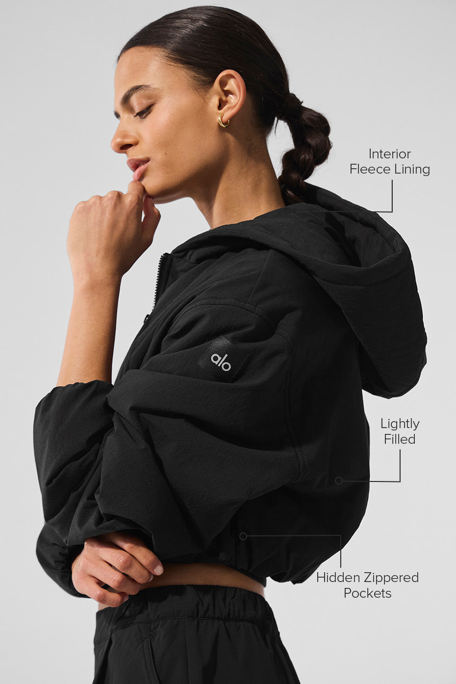 alo Cropped Mountain Peak Full-Zip Hoodie - Black