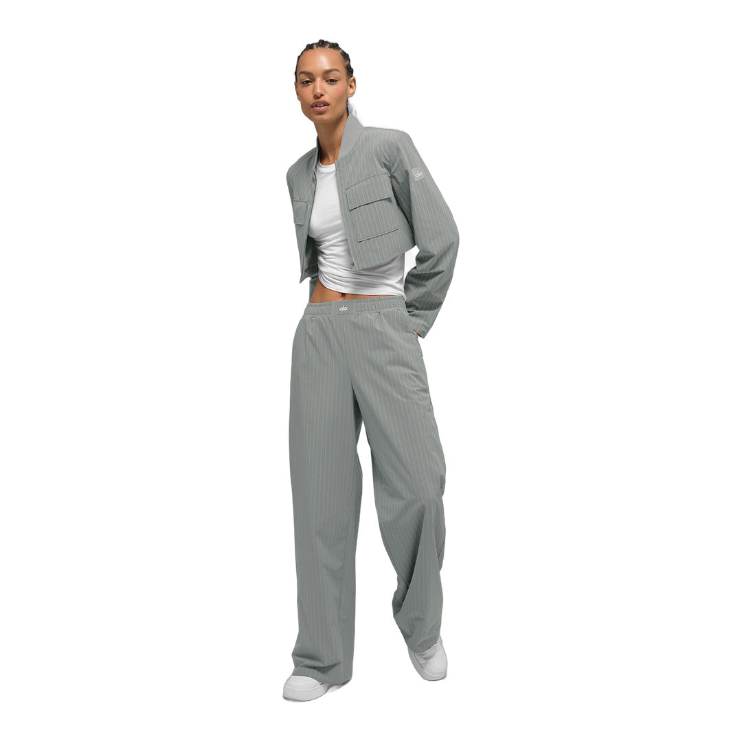 alo Cropped Pinstripe Main Character Full Zip Jacket - Lunar Grey/White