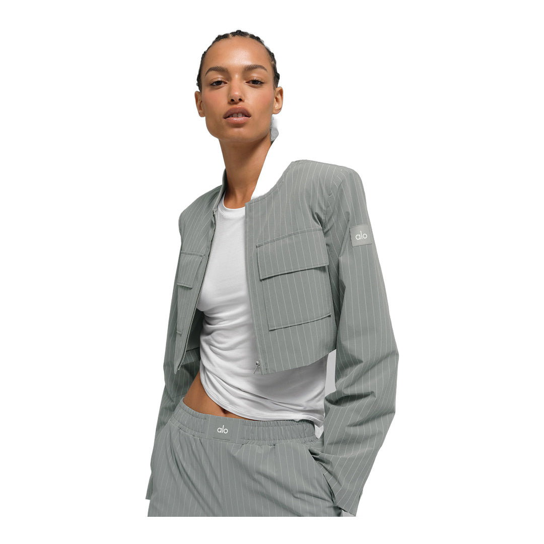 alo Cropped Pinstripe Main Character Full Zip Jacket - Lunar Grey/White