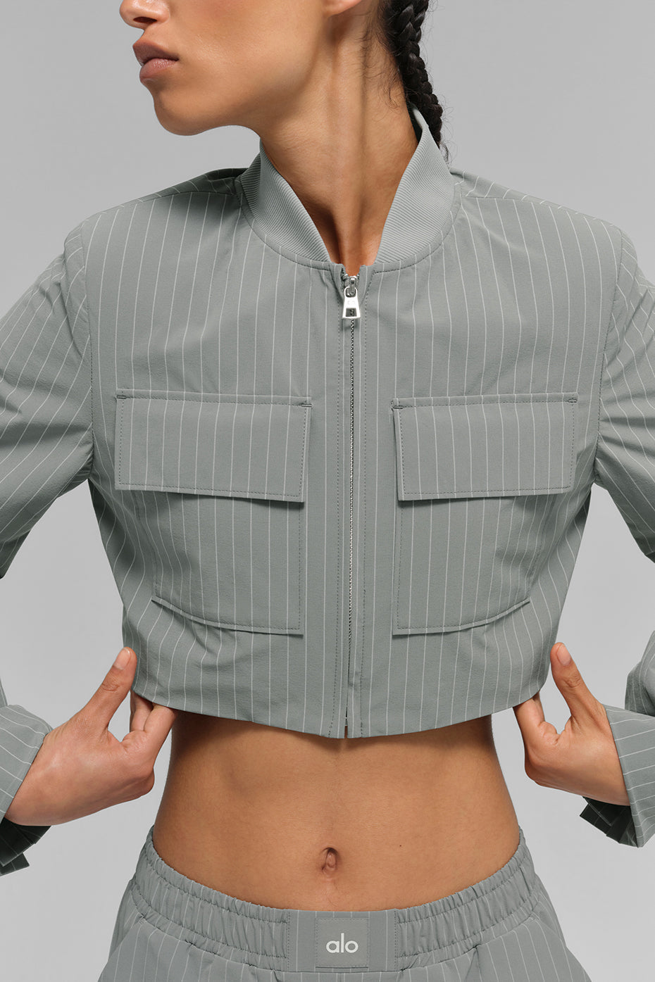 alo Cropped Pinstripe Main Character Full Zip Jacket - Lunar Grey/White
