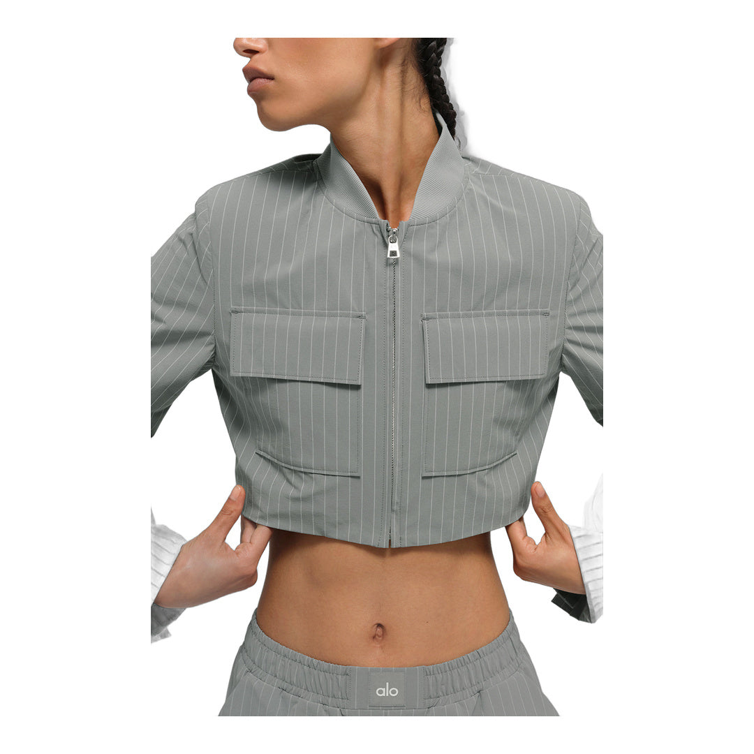 alo Cropped Pinstripe Main Character Full Zip Jacket - Lunar Grey/White