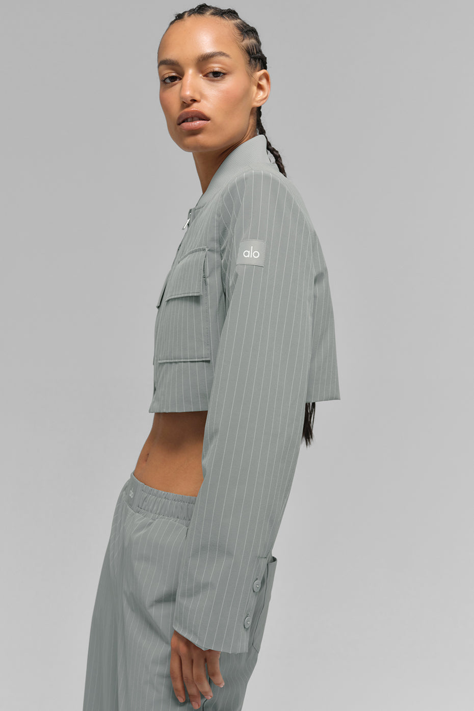 alo Cropped Pinstripe Main Character Full Zip Jacket - Lunar Grey/White