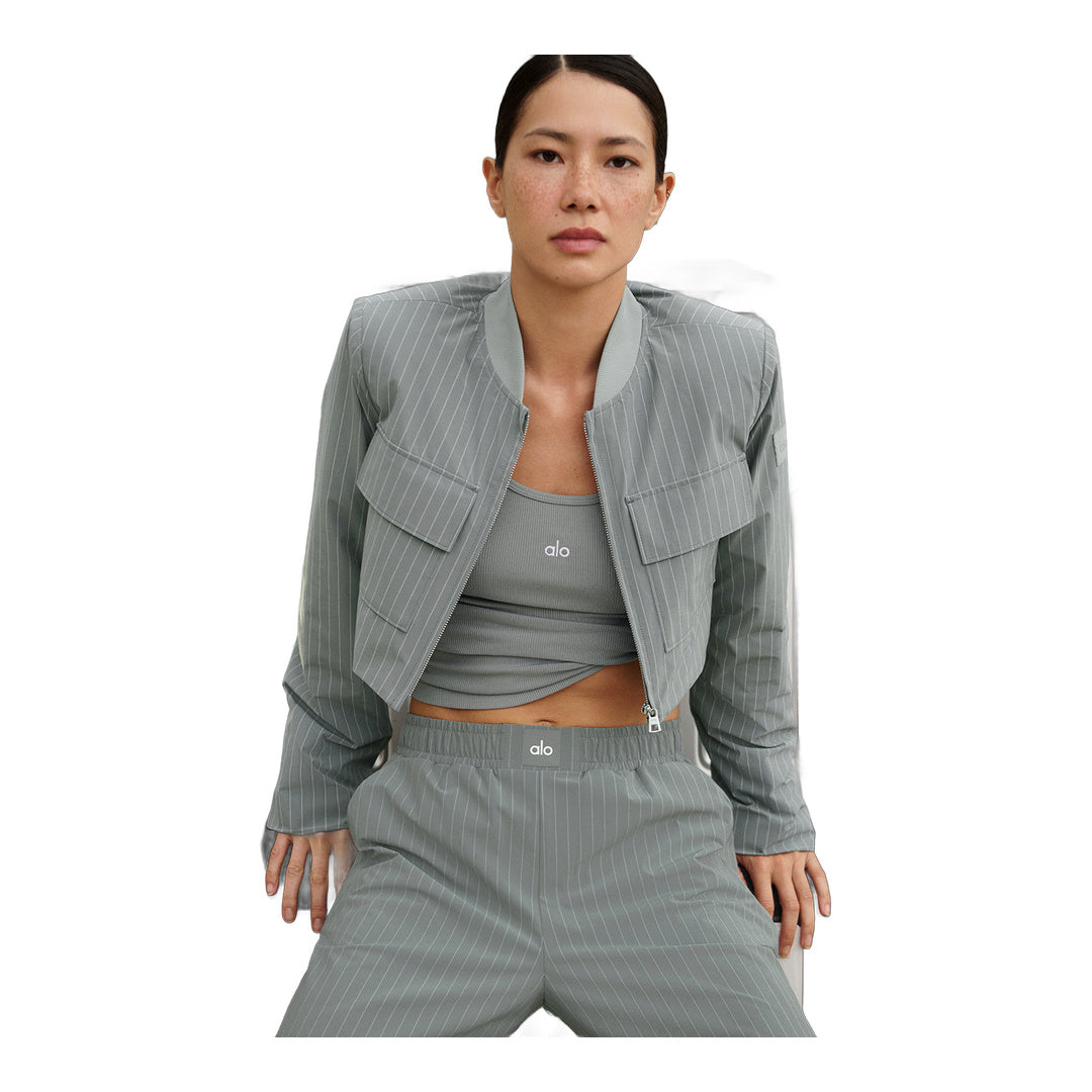 alo Cropped Pinstripe Main Character Full Zip Jacket - Lunar Grey/White