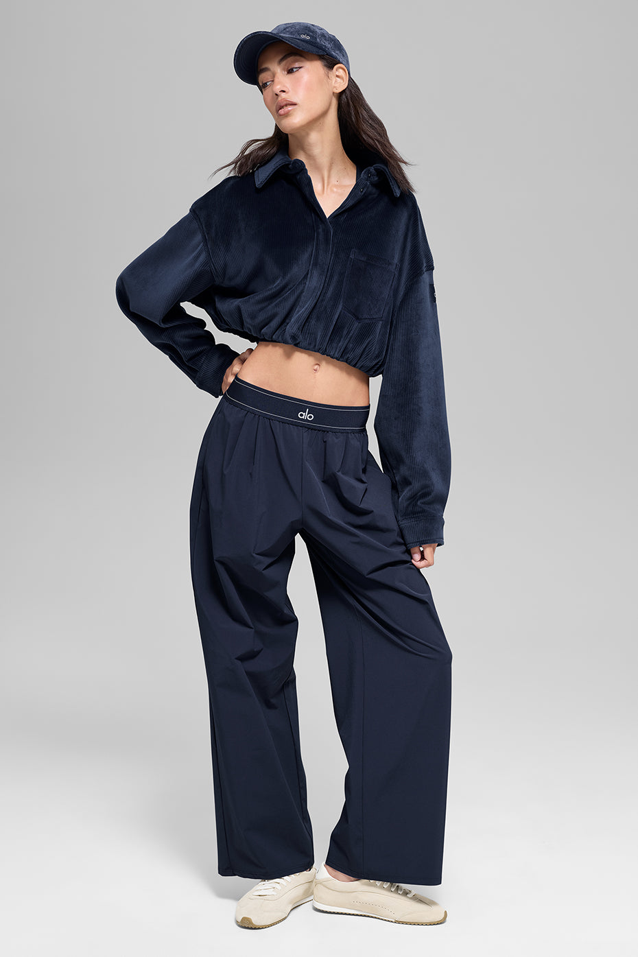 alo Ribbed Velour Cropped Mountain Side Jacket - Navy
