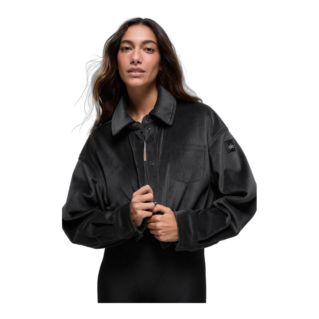 alo Ribbed Velour Cropped Mountain Side Jacket - Black