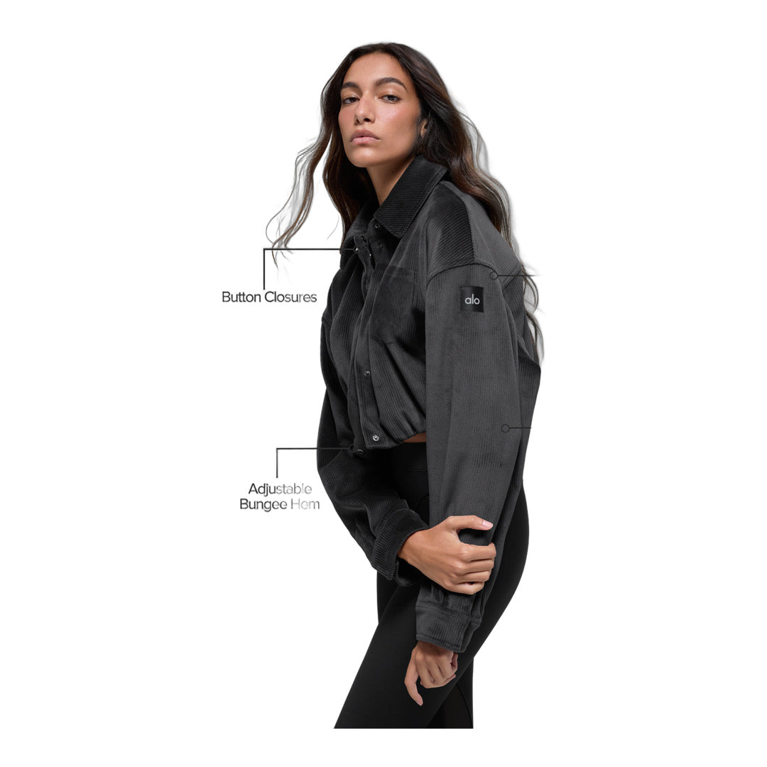 alo Ribbed Velour Cropped Mountain Side Jacket - Black