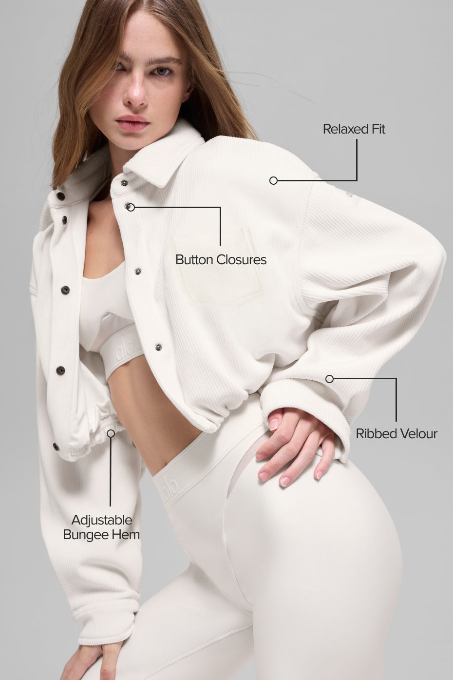 alo Ribbed Velour Cropped Mountain Side Jacket - Ivory