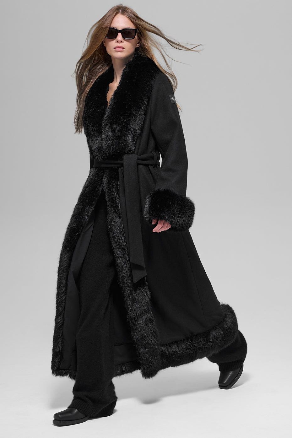alo Faux Fur Trimmed Longline Coat - Black