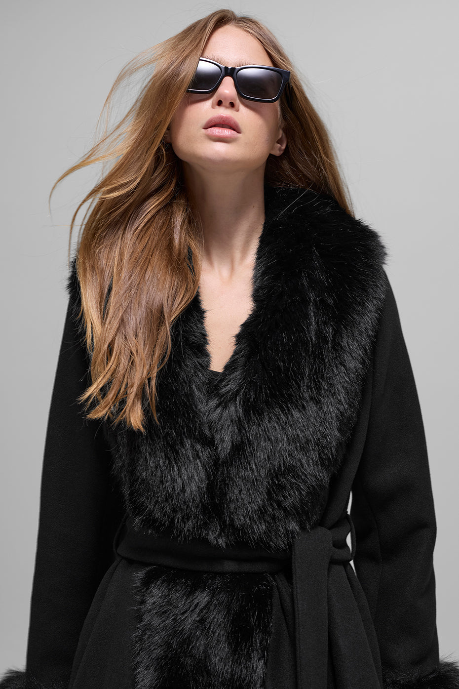 alo Faux Fur Trimmed Longline Coat - Black