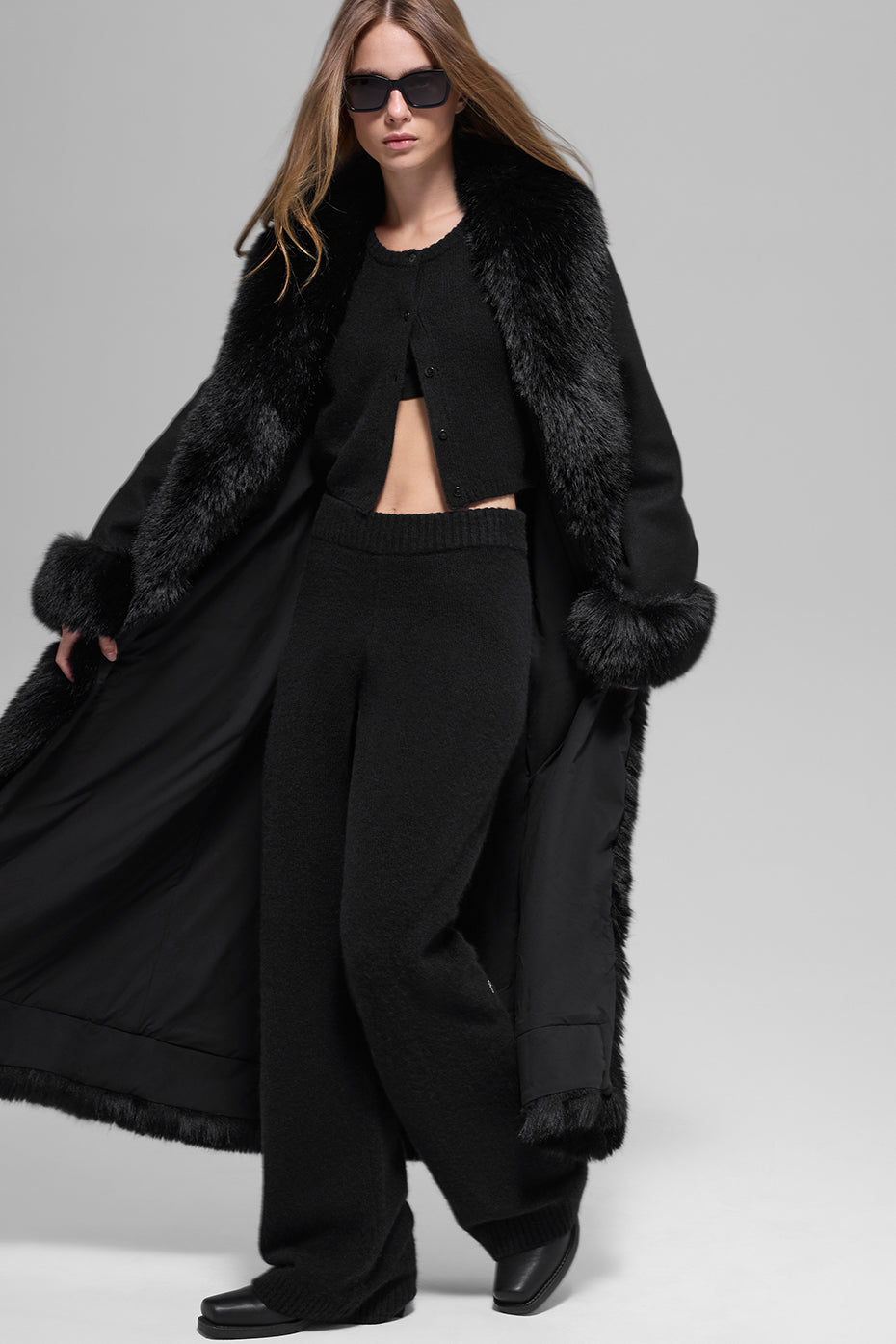 alo Faux Fur Trimmed Longline Coat - Black