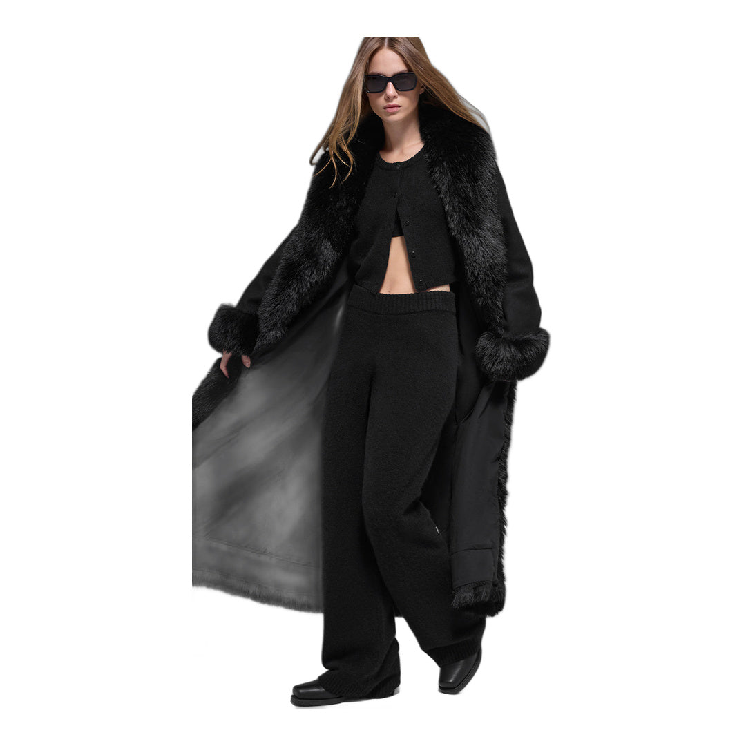 alo Faux Fur Trimmed Longline Coat - Black