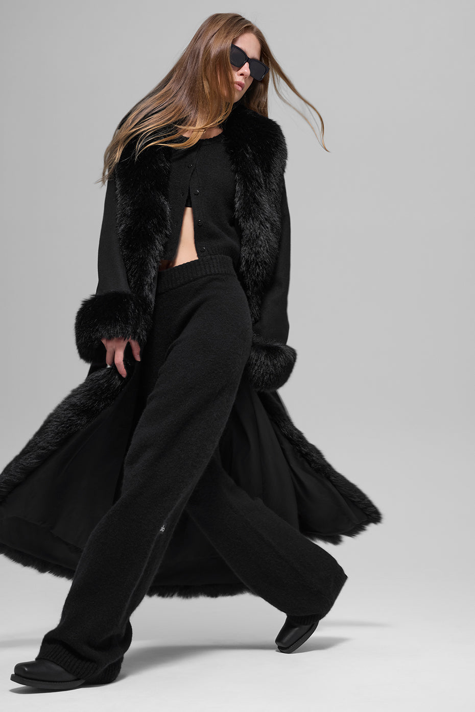 alo Faux Fur Trimmed Longline Coat - Black