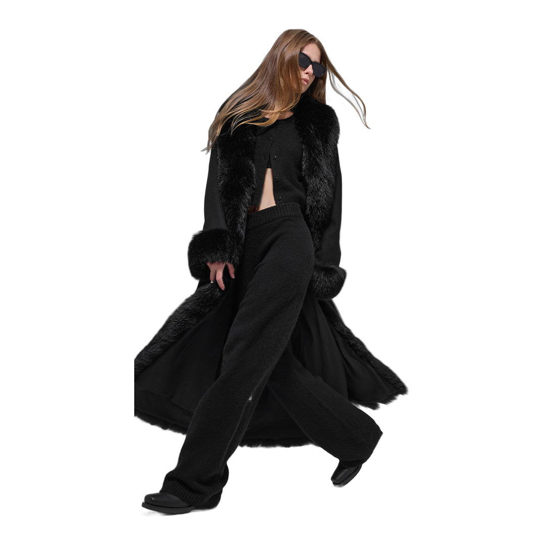alo Faux Fur Trimmed Longline Coat - Black
