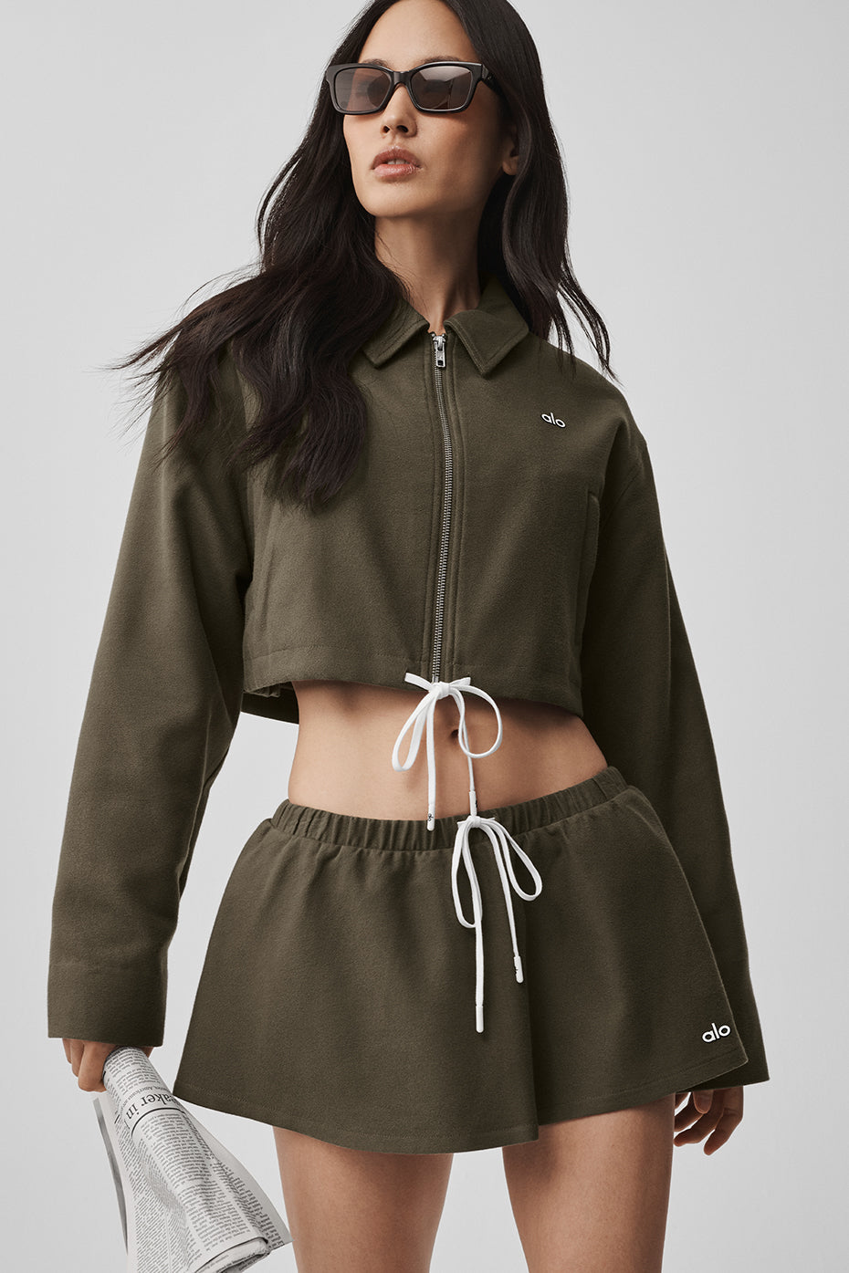 alo Cropped Fan Favorite Full Zip Jacket - Olive Tree