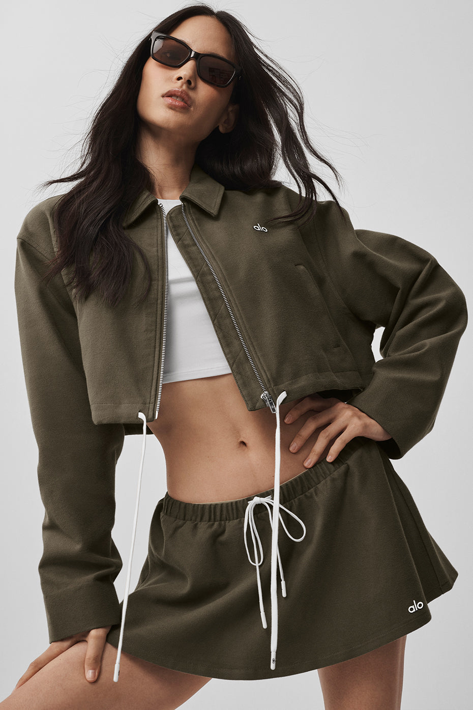 alo Cropped Fan Favorite Full Zip Jacket - Olive Tree