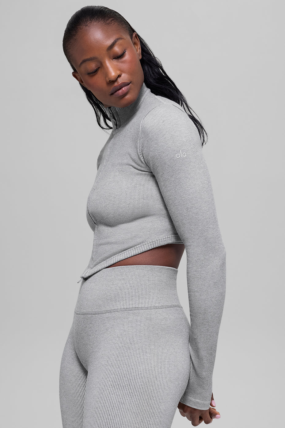 alo Seamless Two Tone Rib Jacket - Light Misty Grey Heather