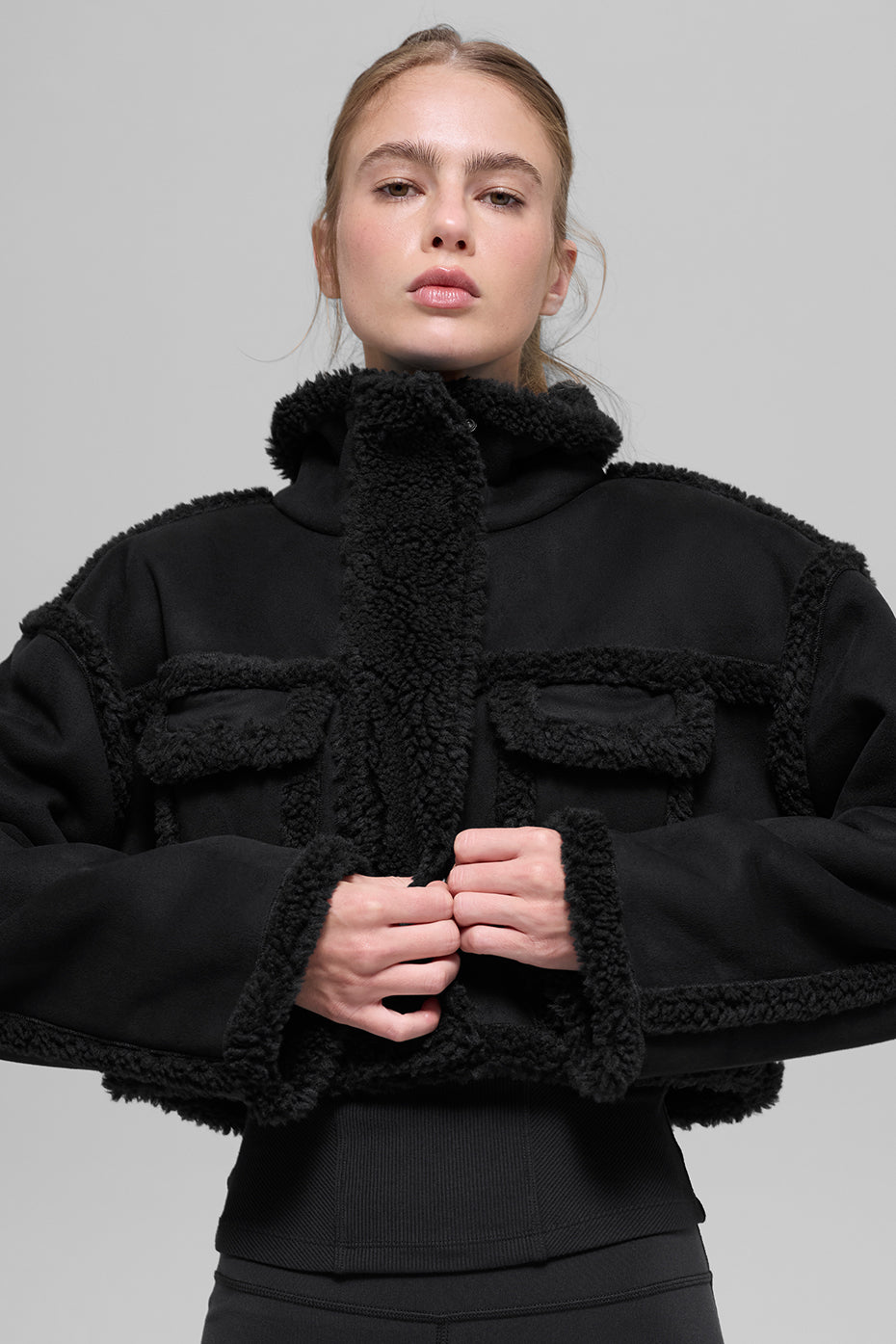 alo Faux Shearling Snowfall Cropped Jacket - Black