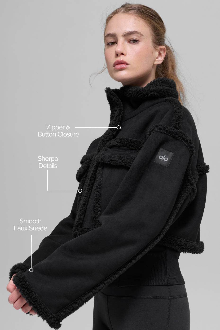alo Faux Shearling Snowfall Cropped Jacket - Black