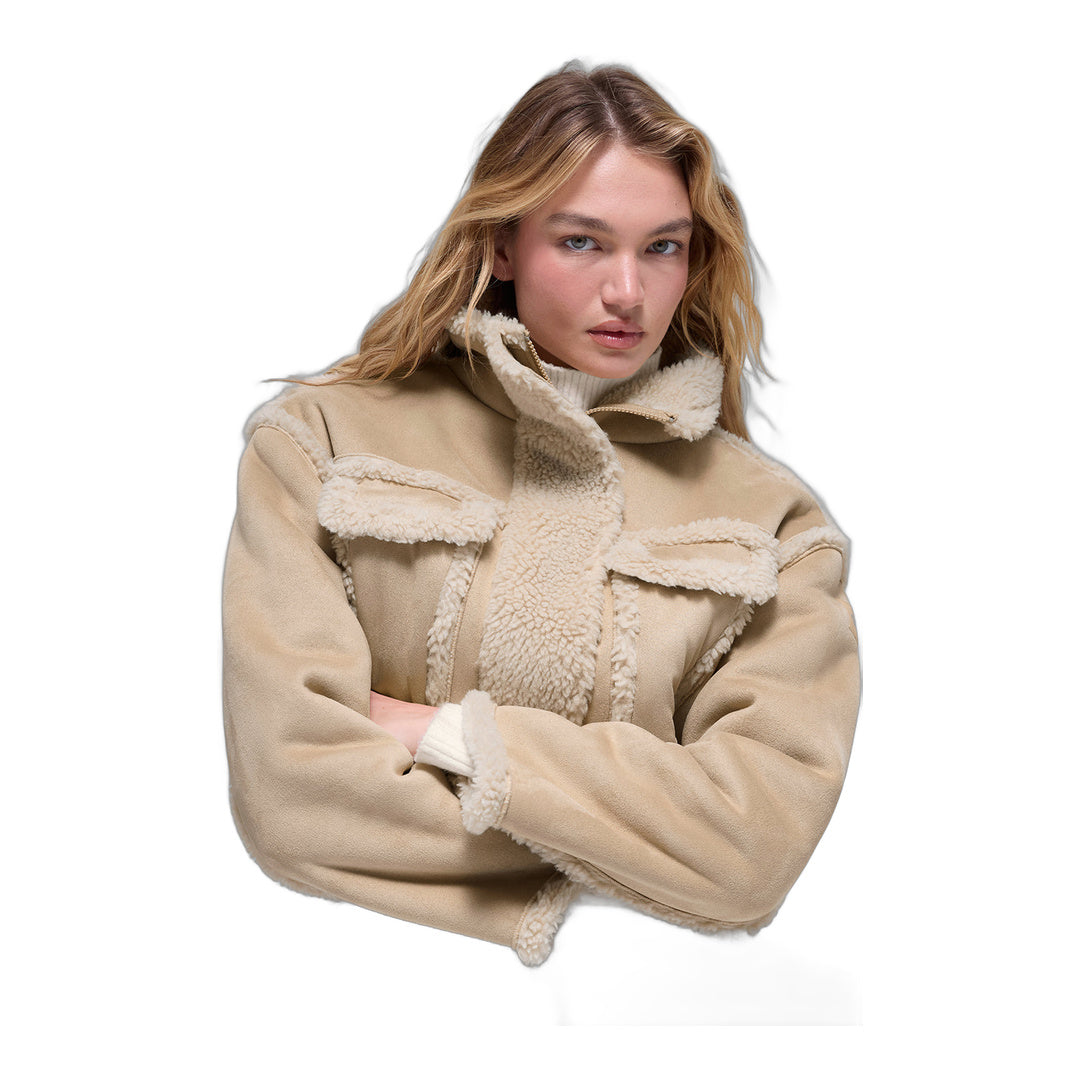 alo Faux Shearling Snowfall Cropped Jacket - Woodland Tan