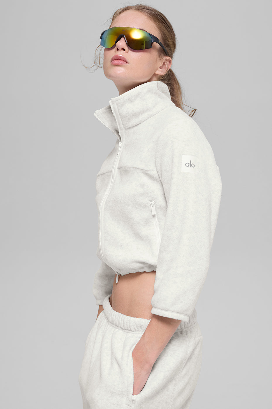 alo Polar Fleece Retreat Cropped Jacket - White Heather Grey