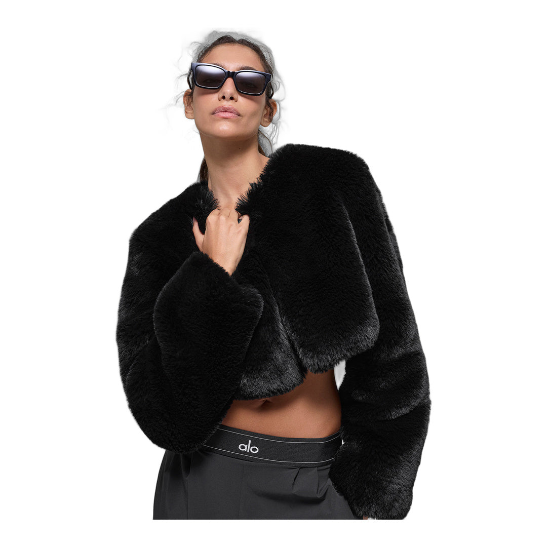 alo Faux Fur Chic Cropped Jacket - Black
