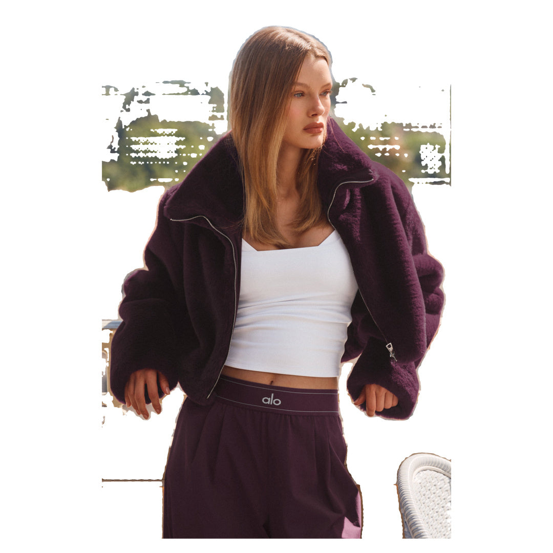 ALO Faux Fur Cropped Amore Jacket - Rich Bordeaux